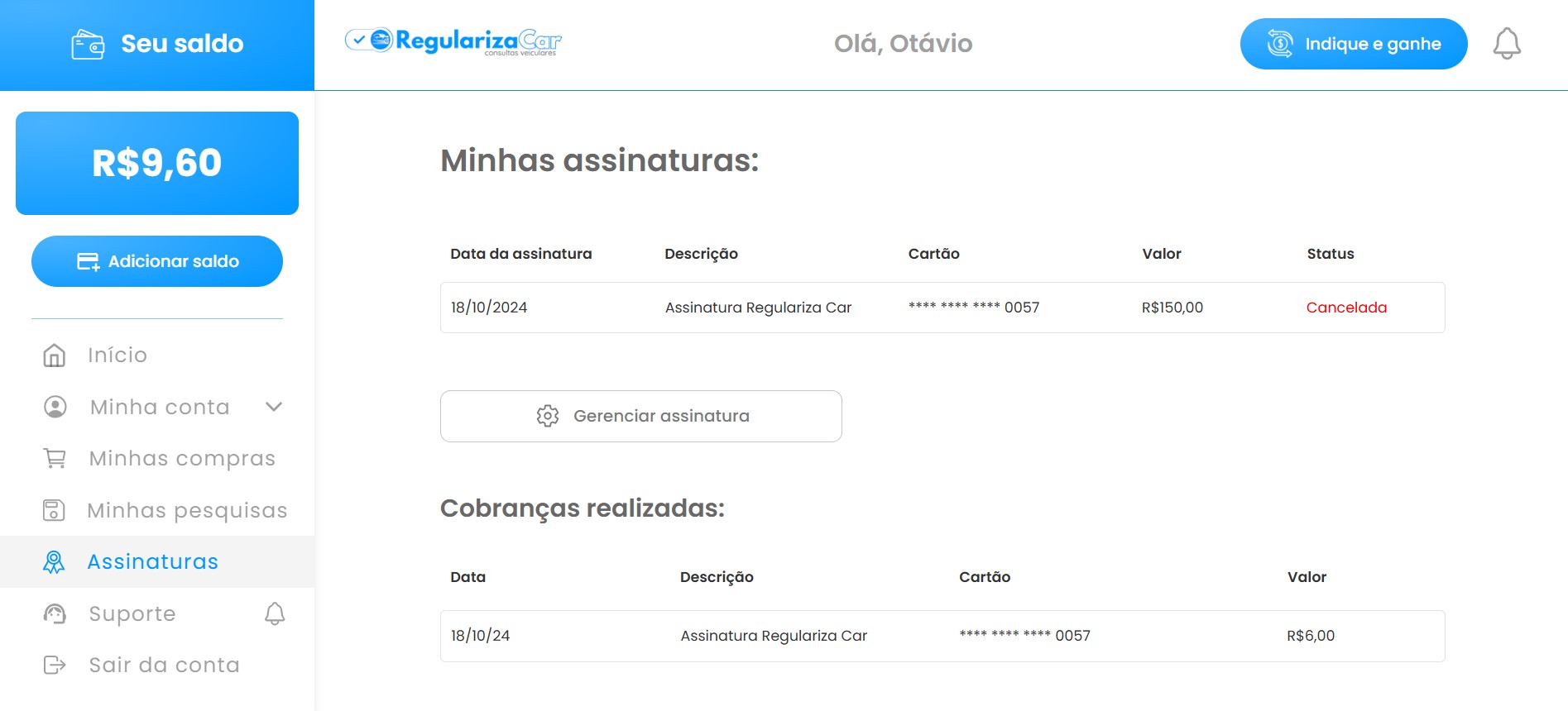 Assinaturas da conta
