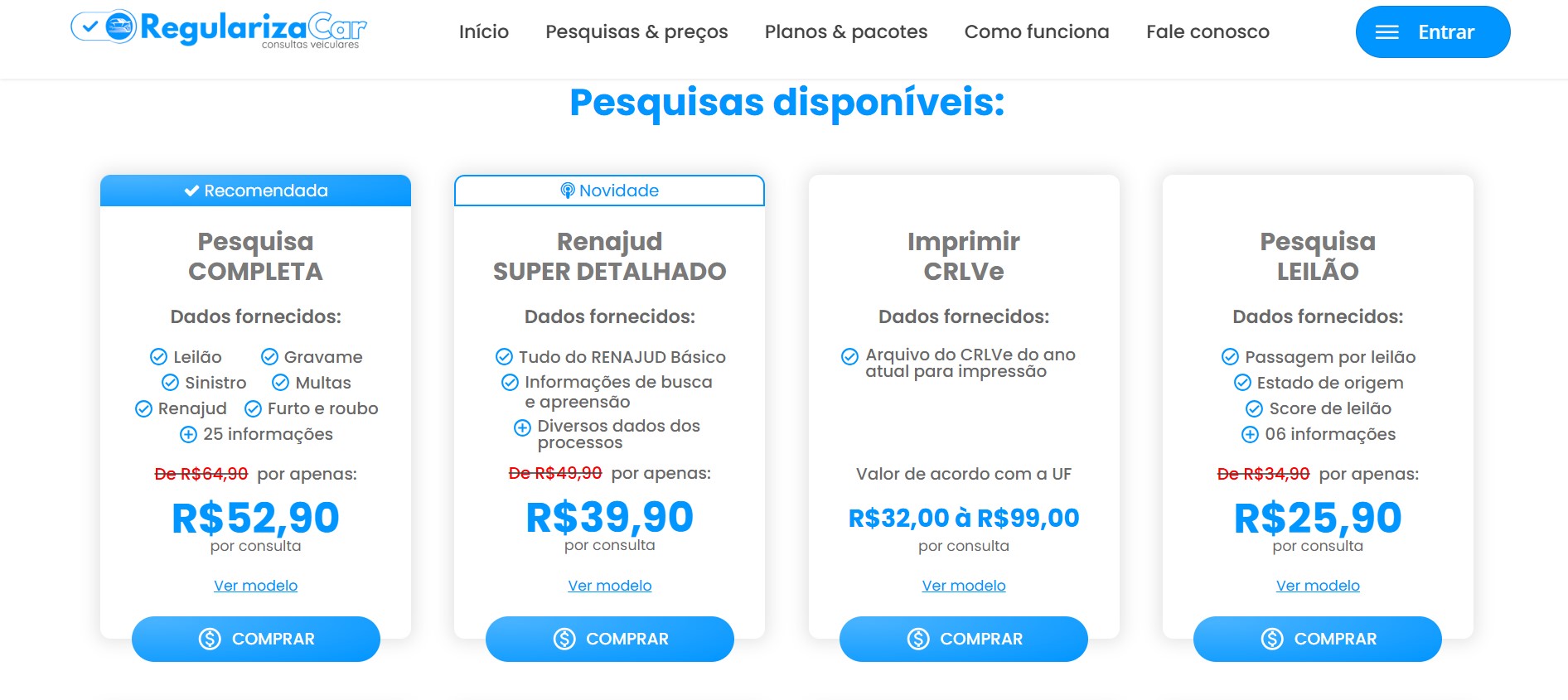 Pesquisas veiculares disponíveis