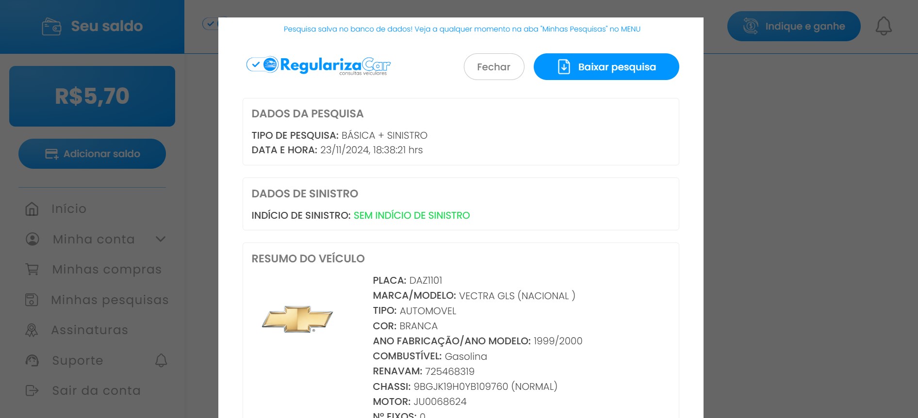 Relatório veicular detalhado
